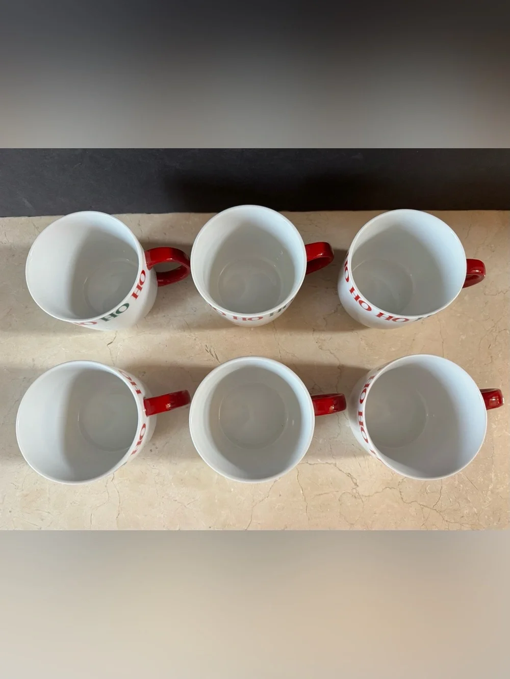 (Set/6) Crate & Barrel Ceramic HO HO HO White Holiday Mugs w/Red Handles